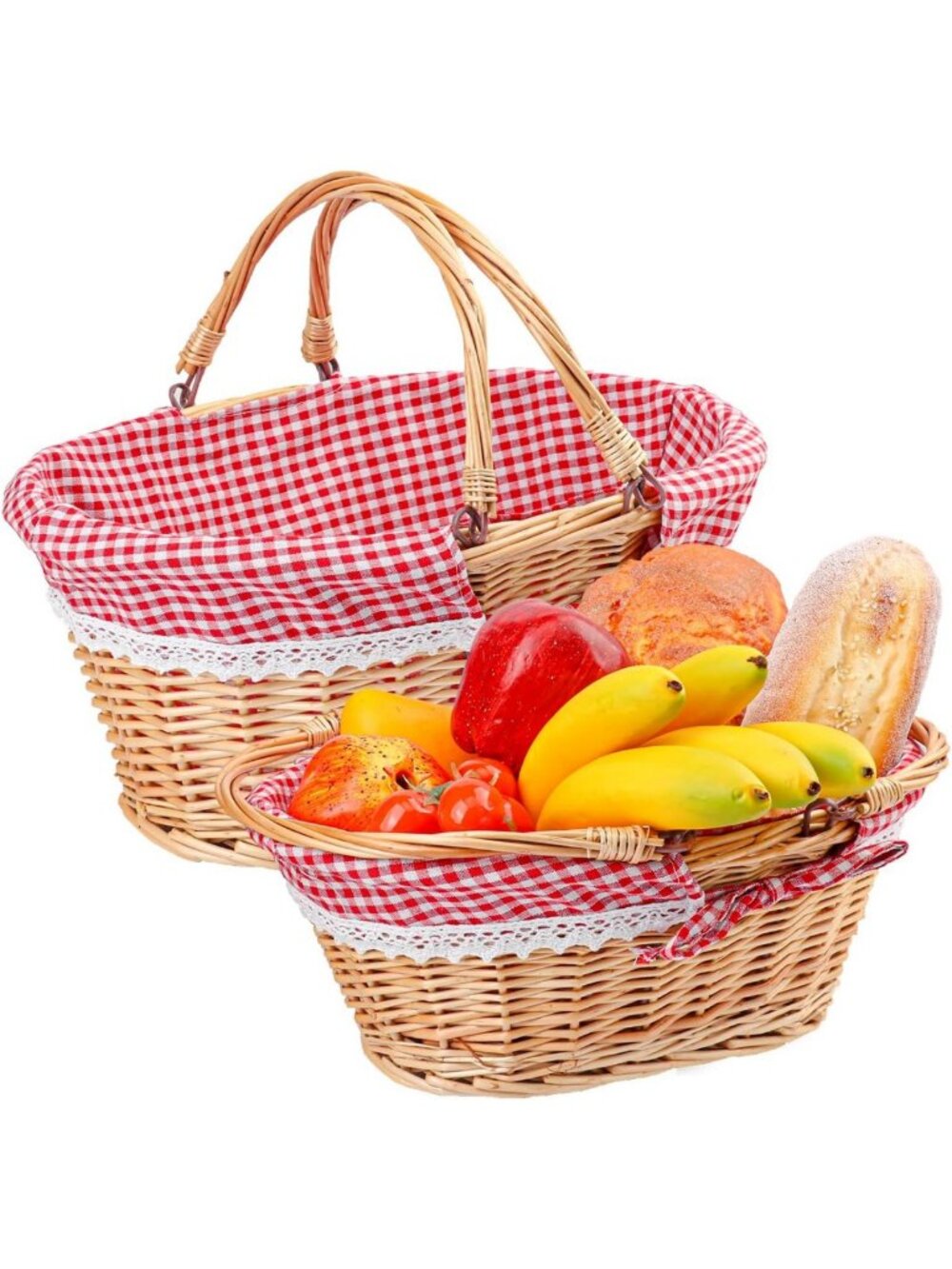 Set of 2 Oval Wicker Baskets with Linen Lining - Perfect for Picnic, Camping